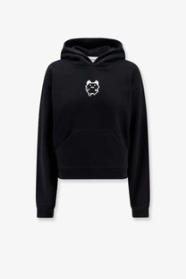 Black cropped hoodie with white pixelated bear face embroidered on chest made of organic cotton by coperni