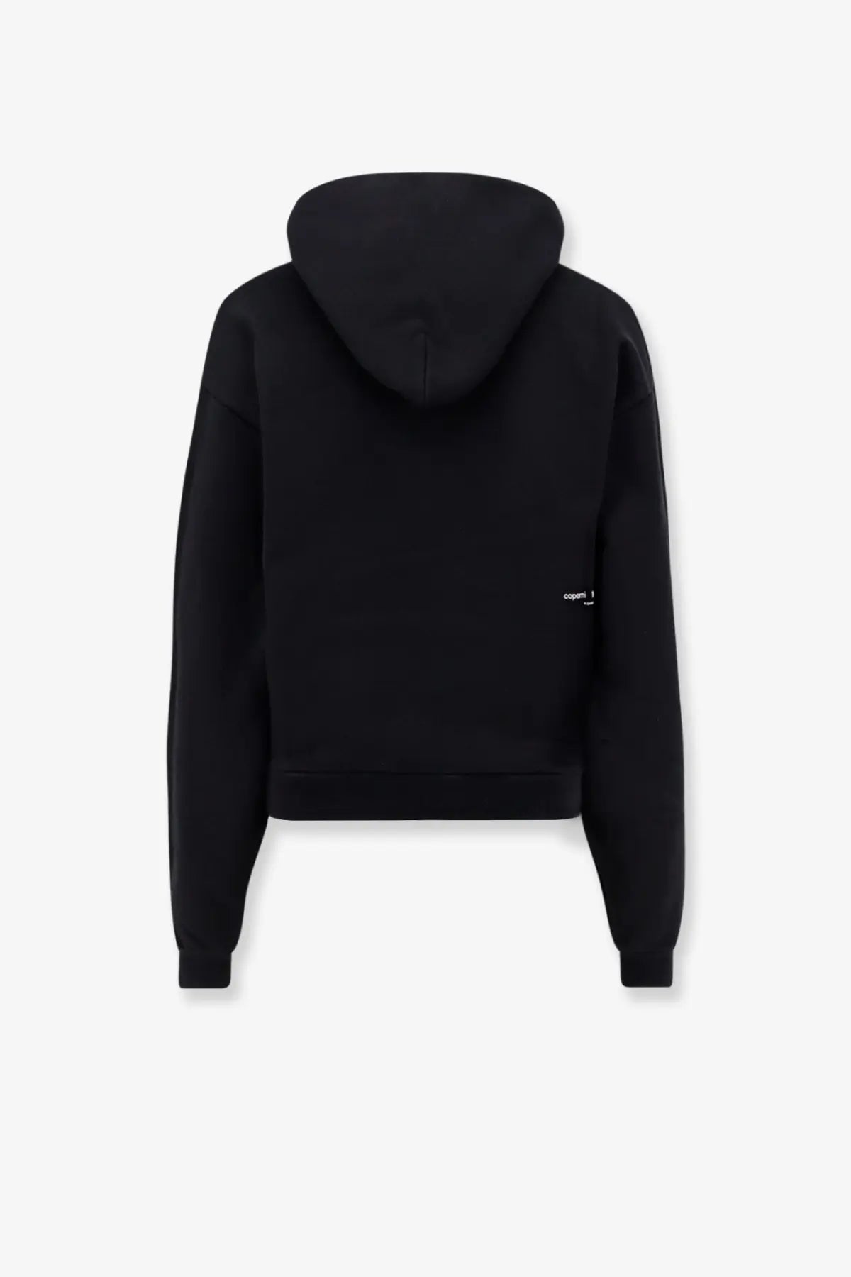 Black cropped Coperni Tamagotchi organic cotton hoodie with subtle white logo on lower left sleeve for women