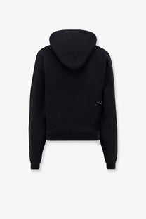 Black cropped Coperni Tamagotchi organic cotton hoodie with subtle white logo on lower left sleeve for women