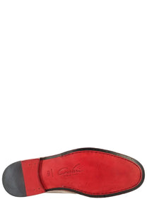Red rubber sole with black heel and stitched edge on corvari men’s beige cushni loafers