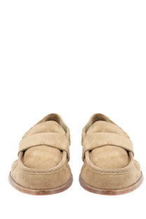 Corvari men’s loafers beige suede with soft velvety texture and two wide straps across the vamp