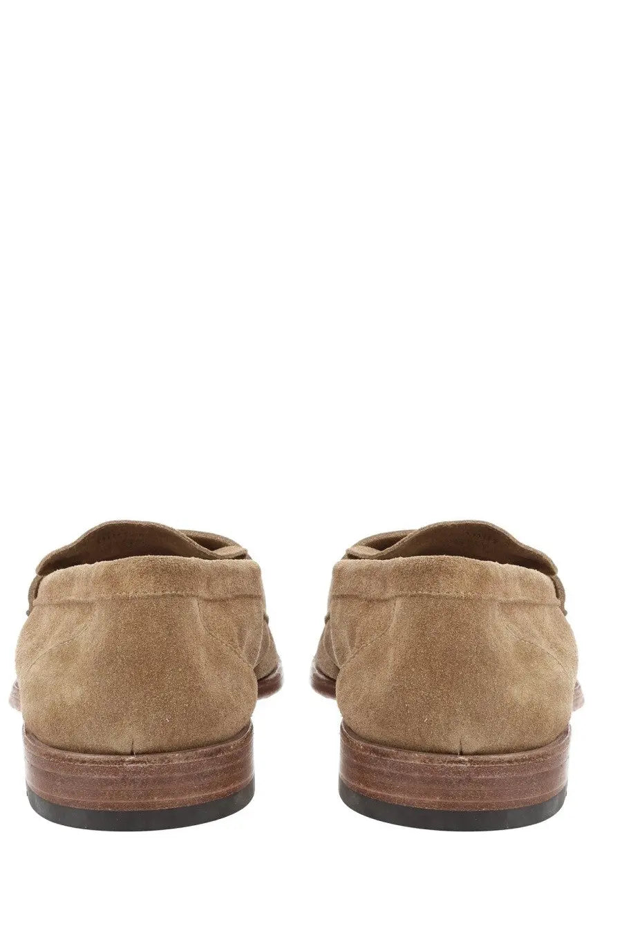Corvari men’s loafers beige tan suede with brown leather sole and black rubber outsole shown from the back side