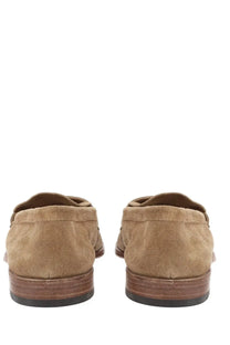 Corvari men’s loafers beige tan suede with brown leather sole and black rubber outsole shown from the back side