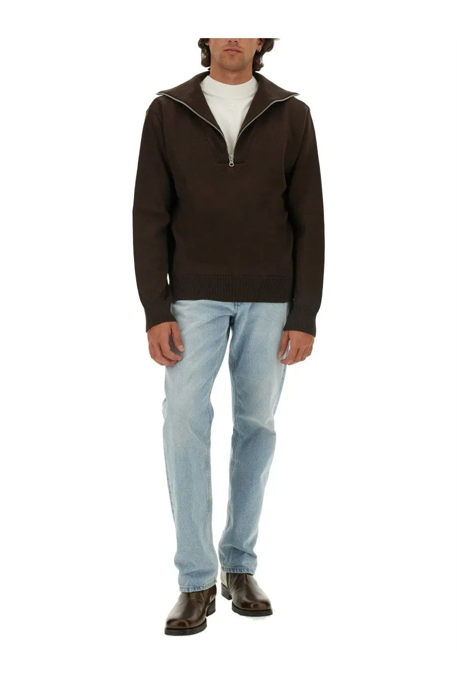 Courrèges men’s knitted polo brown dark brown knit sweater with half-zip front and ribbed cuffs