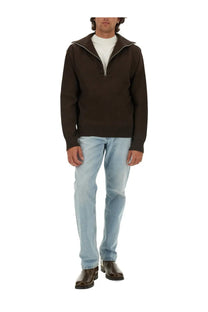 Courrèges men’s knitted polo brown dark brown knit sweater with half-zip front and ribbed cuffs
