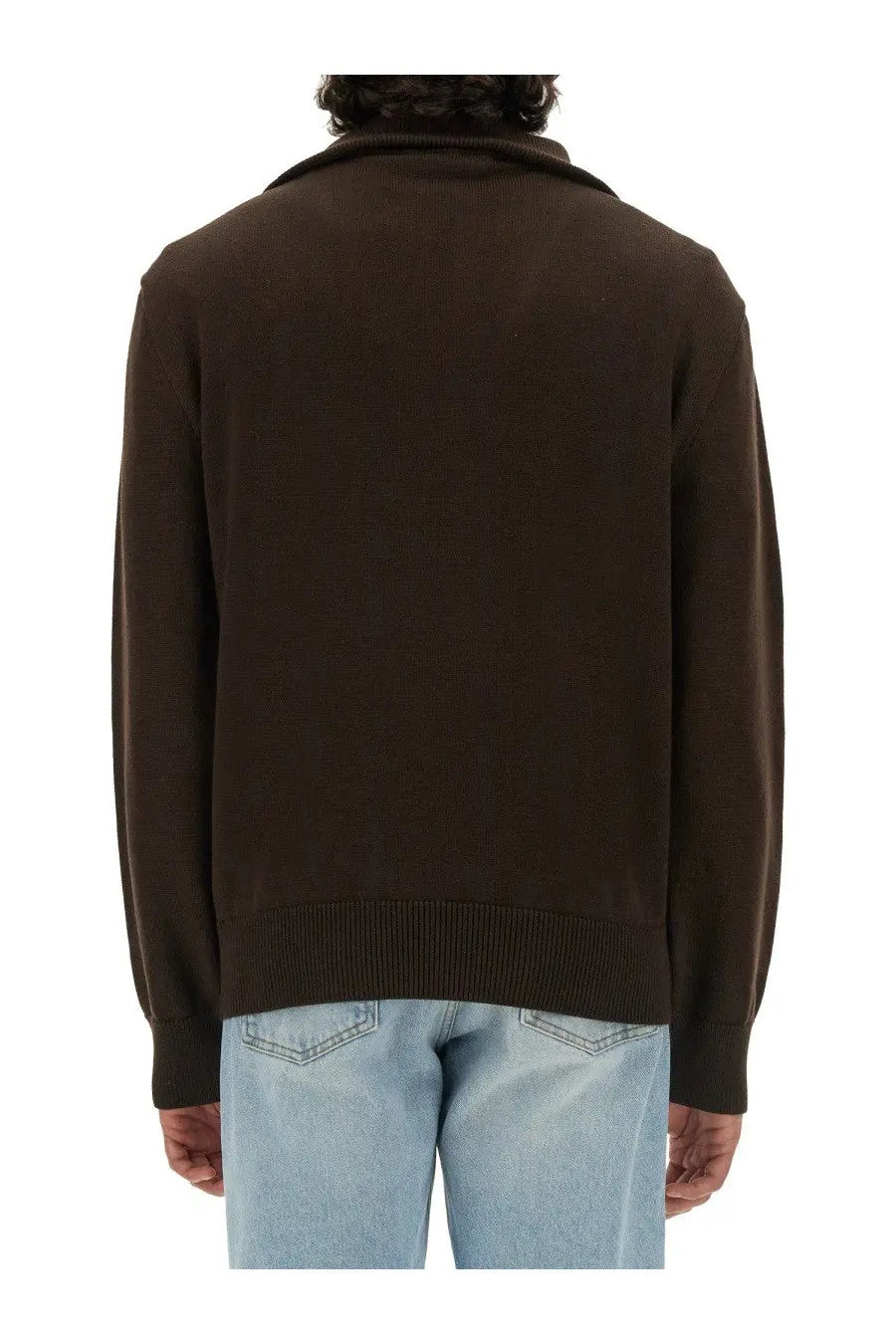 Courrèges men’s knitted polo brown in dark brown long-sleeved knit sweater with ribbed collar and cuffs