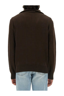 Courrèges men’s knitted polo brown in dark brown long-sleeved knit sweater with ribbed collar and cuffs