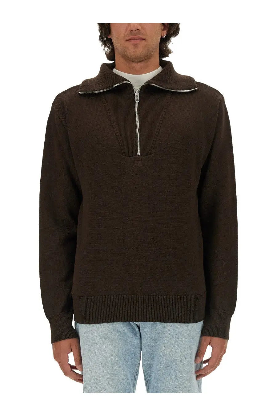 Courrèges men’s brown knitted polo sweater with silver front zipper and ribbed cuffs made from brown knit fabric
