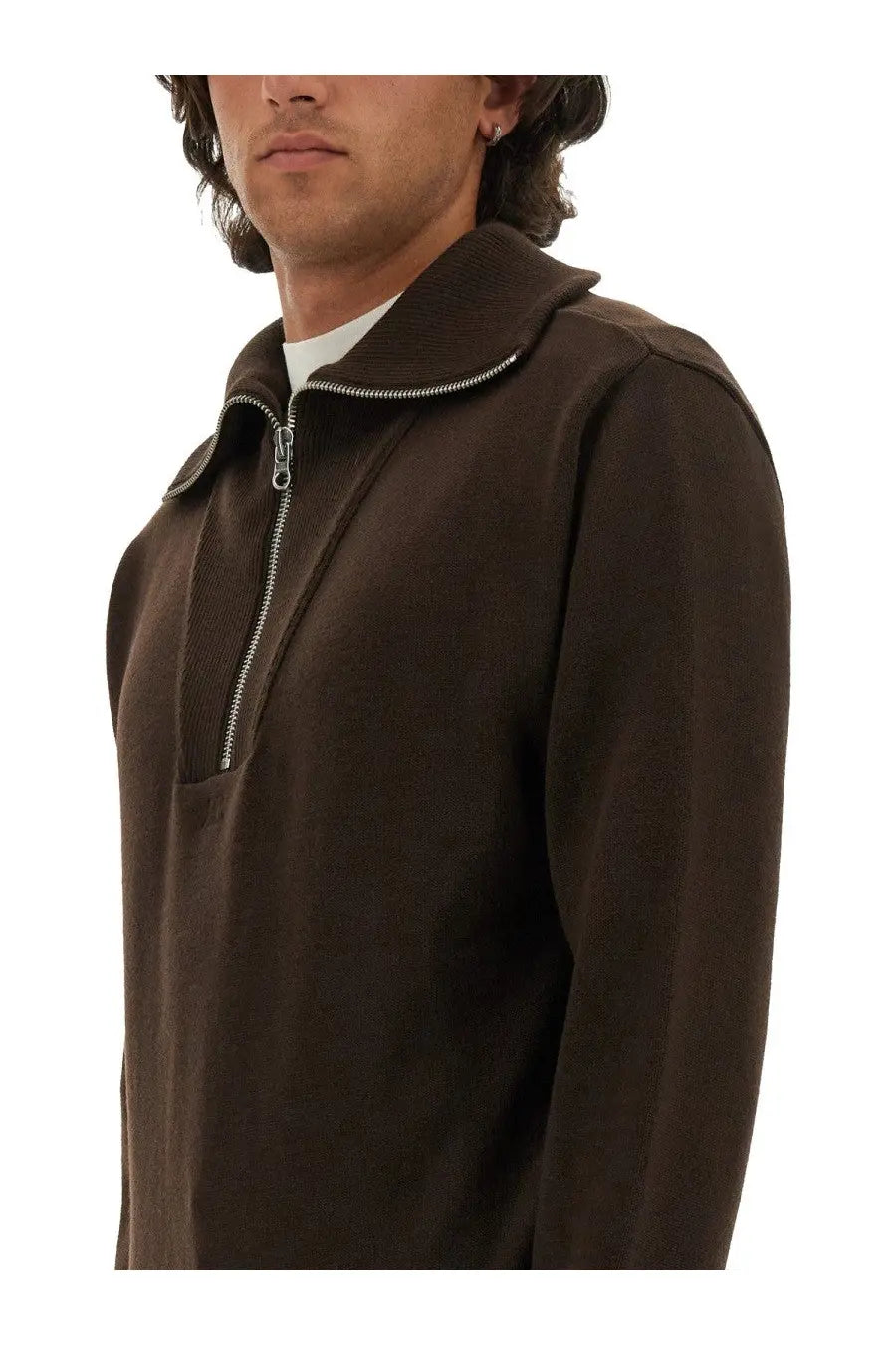 Courrèges men’s knitted polo brown zip-up sweater with ribbed collar and silver zipper in brown knit material