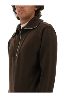 Courrèges men’s knitted polo brown zip-up sweater with ribbed collar and silver zipper in brown knit material
