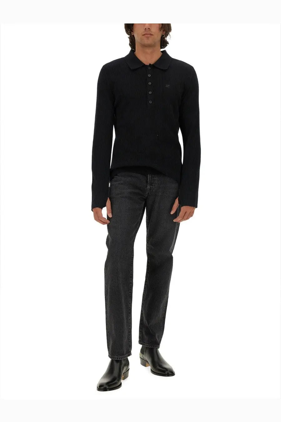 Courrèges men’s black polo shirt with long sleeves and subtle embroidered logo on the chest
