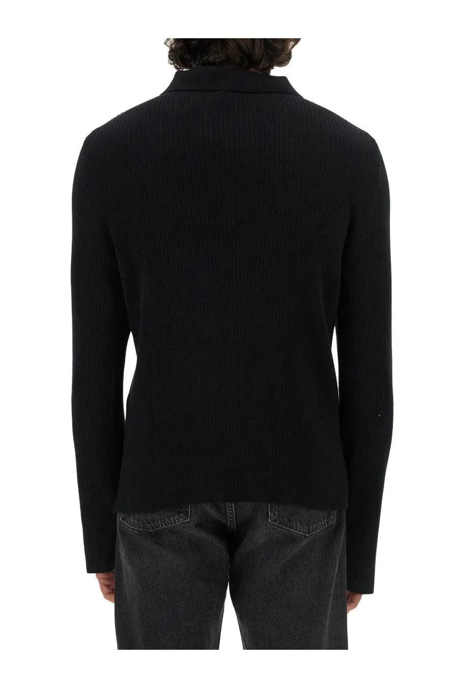 Courrèges men’s polo black ribbed knit shirt with classic collar and long sleeves for stylish casual wear