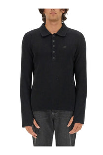 Courrèges men’s polo black ribbed knit shirt with classic collar and button placket in black color