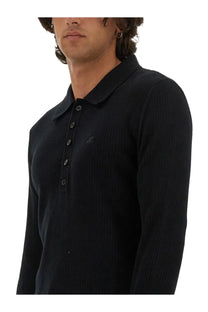 Courrèges men’s black ribbed long-sleeve polo shirt with classic collar and button placket made of soft fabric