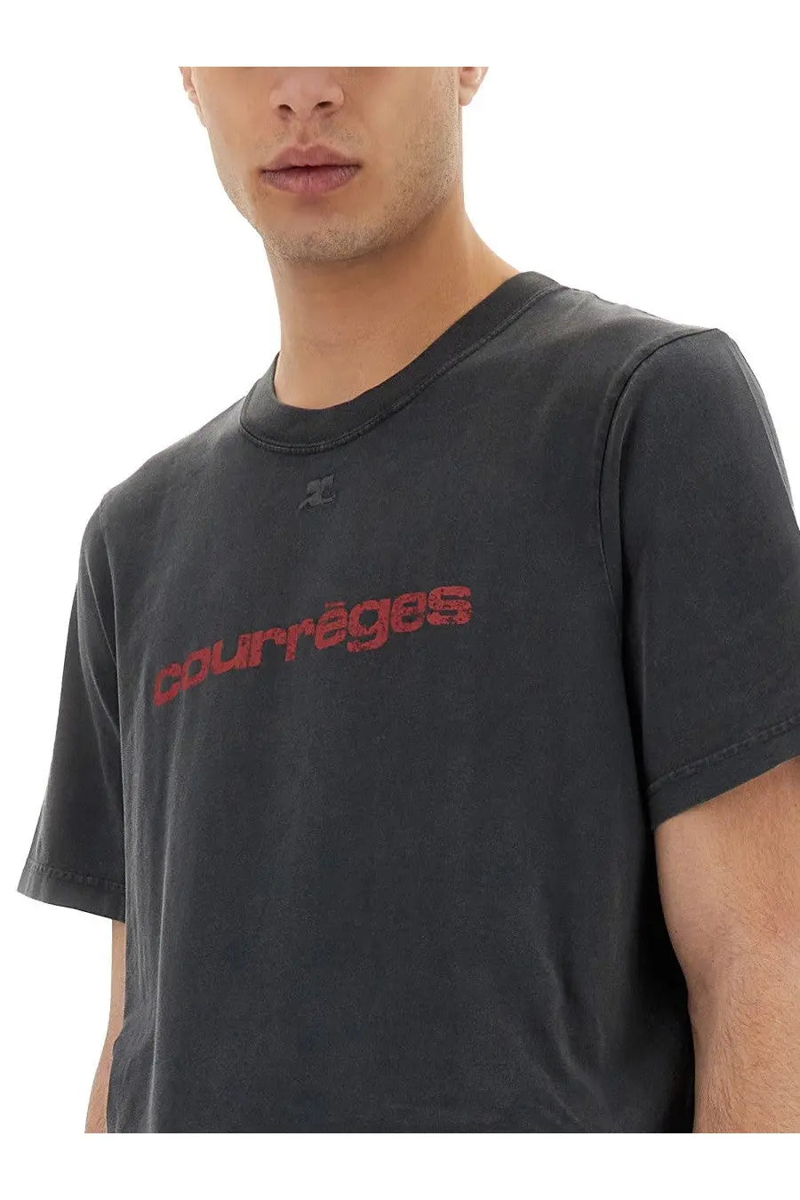Dark gray cotton courrèges men’s shirt featuring a faded red logo across the chest