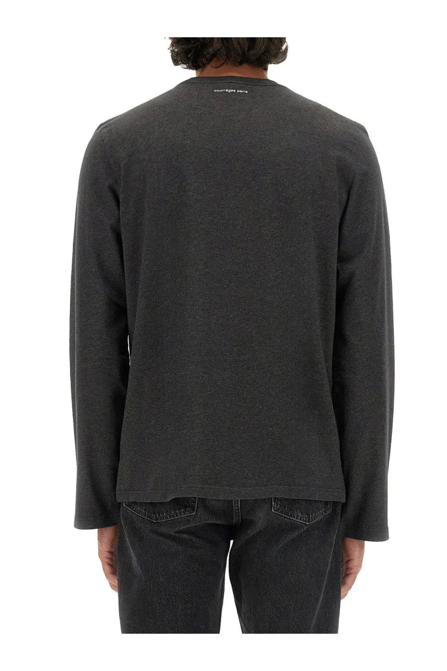 Dark gray courrèges men’s long-sleeved cotton t-shirt with subtle heathered texture and small white text at neckline