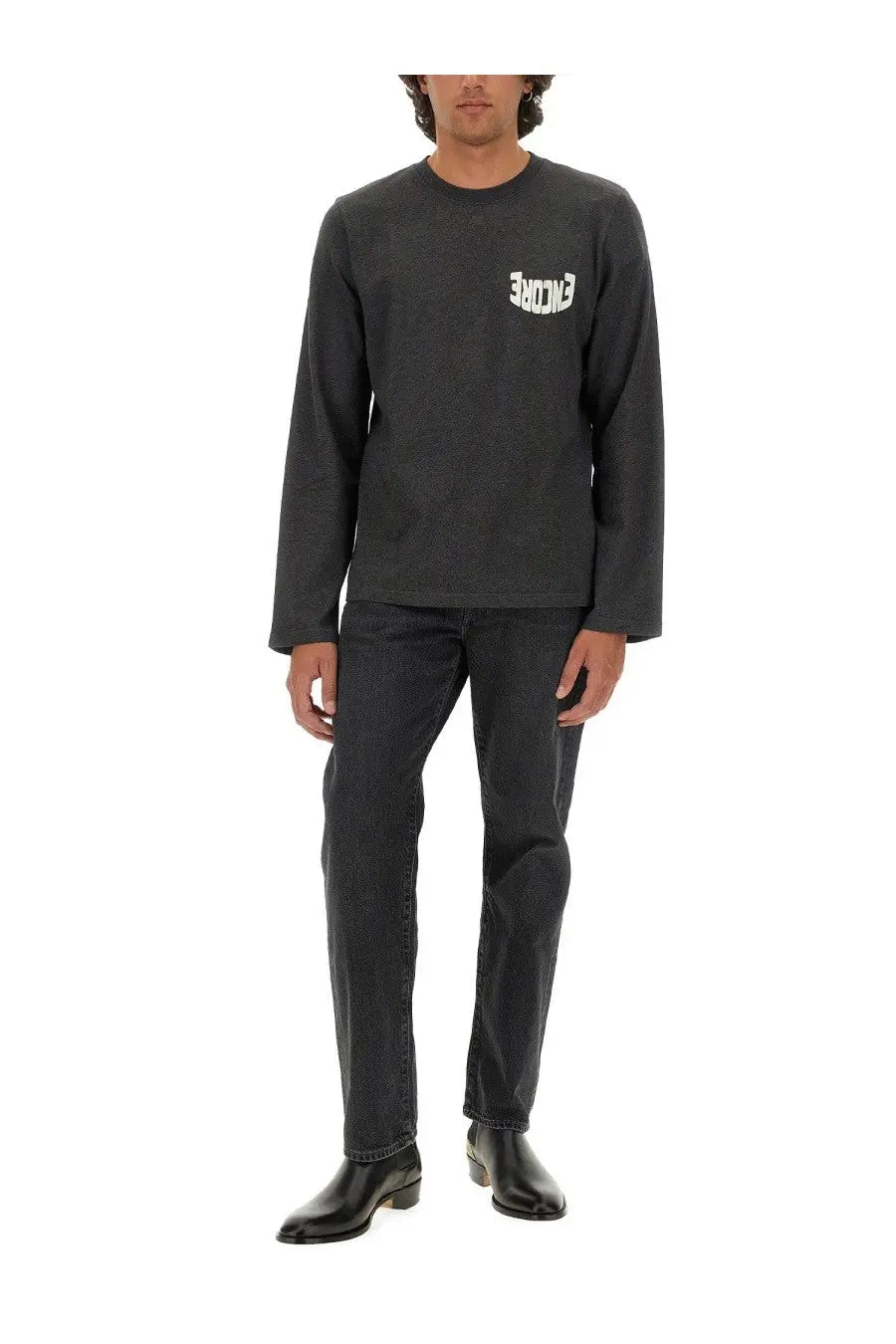 Dark gray courrèges men’s long-sleeved crewneck shirt with white reversed some lettering on the chest