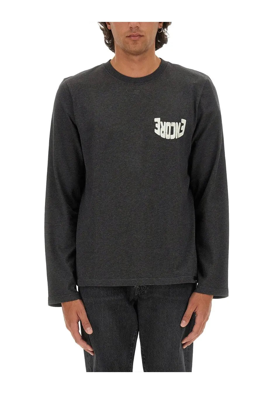 Courrèges men’s dark gray long-sleeved crewneck tee with white encore logo printed on left chest