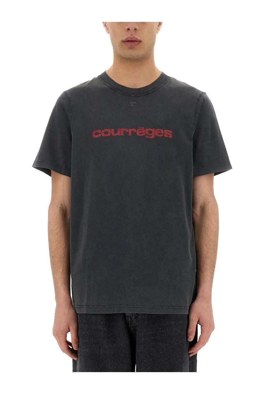 Dark gray short-sleeved courrèges men’s shirt with faded red logo across the chest in black fabric