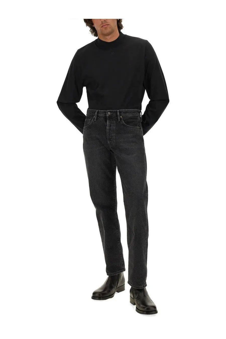 Black denim jeans with a straight-leg cut and classic five-pocket design for courrèges men’s shirt black collection
