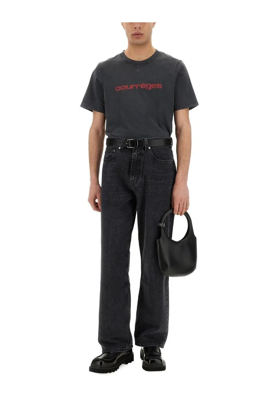 Black leather handbag with circular top handle featured alongside courrèges men’s black shirt product image