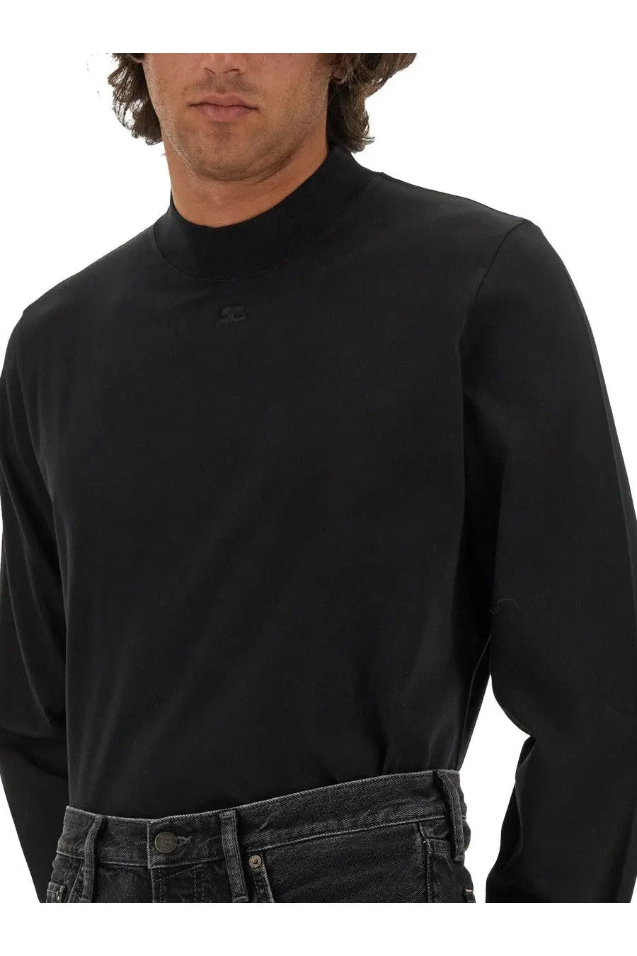 Courrèges men’s black long-sleeved turtleneck shirt with subtle chest logo in a sleek modern design