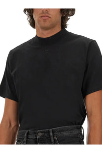 Courrèges men’s black short-sleeved shirt with high neckline and subtle chest logo made from soft fabric