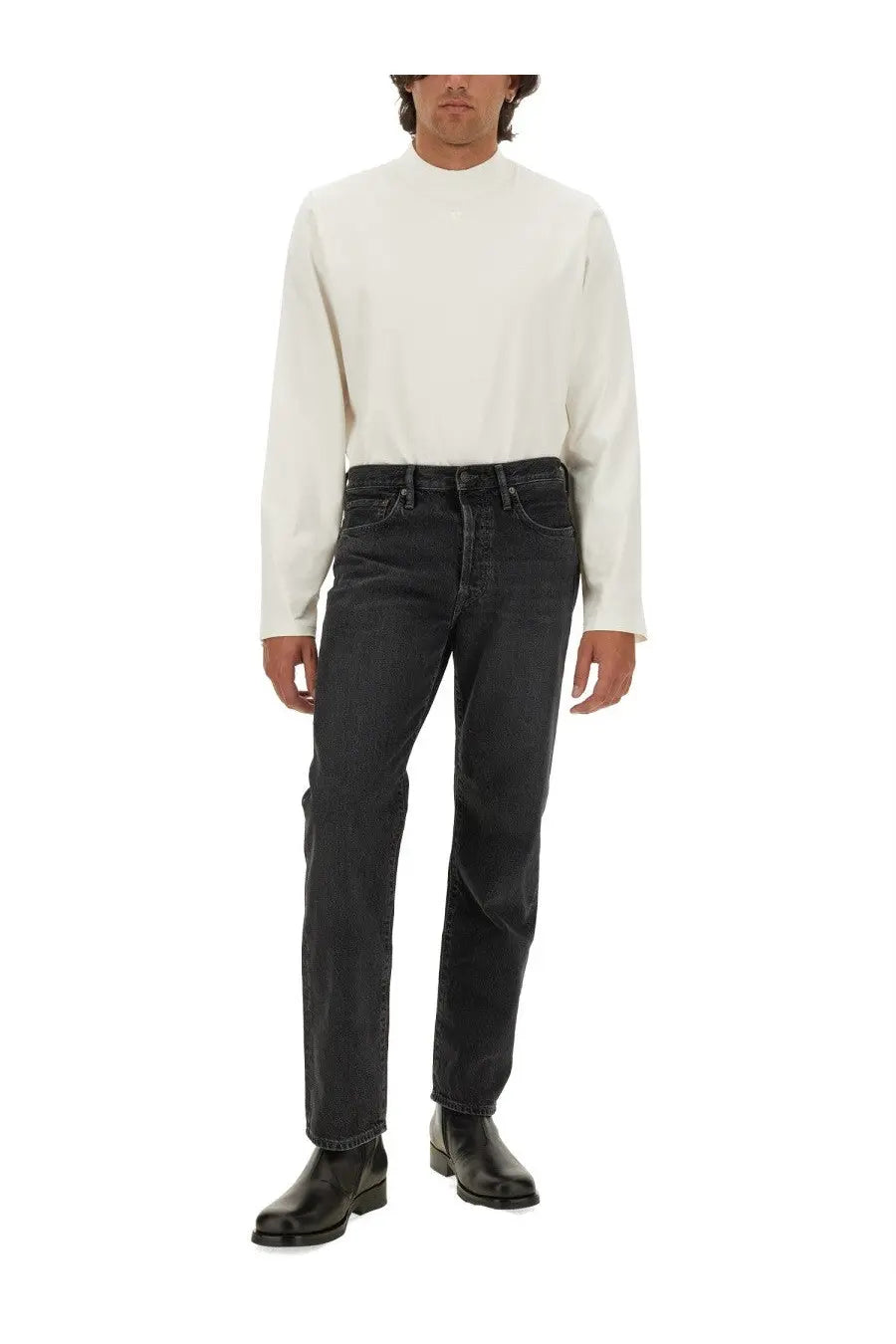 Courrèges men’s shirt white paired with dark-wash denim jeans featuring a classic five-pocket design and belt loops