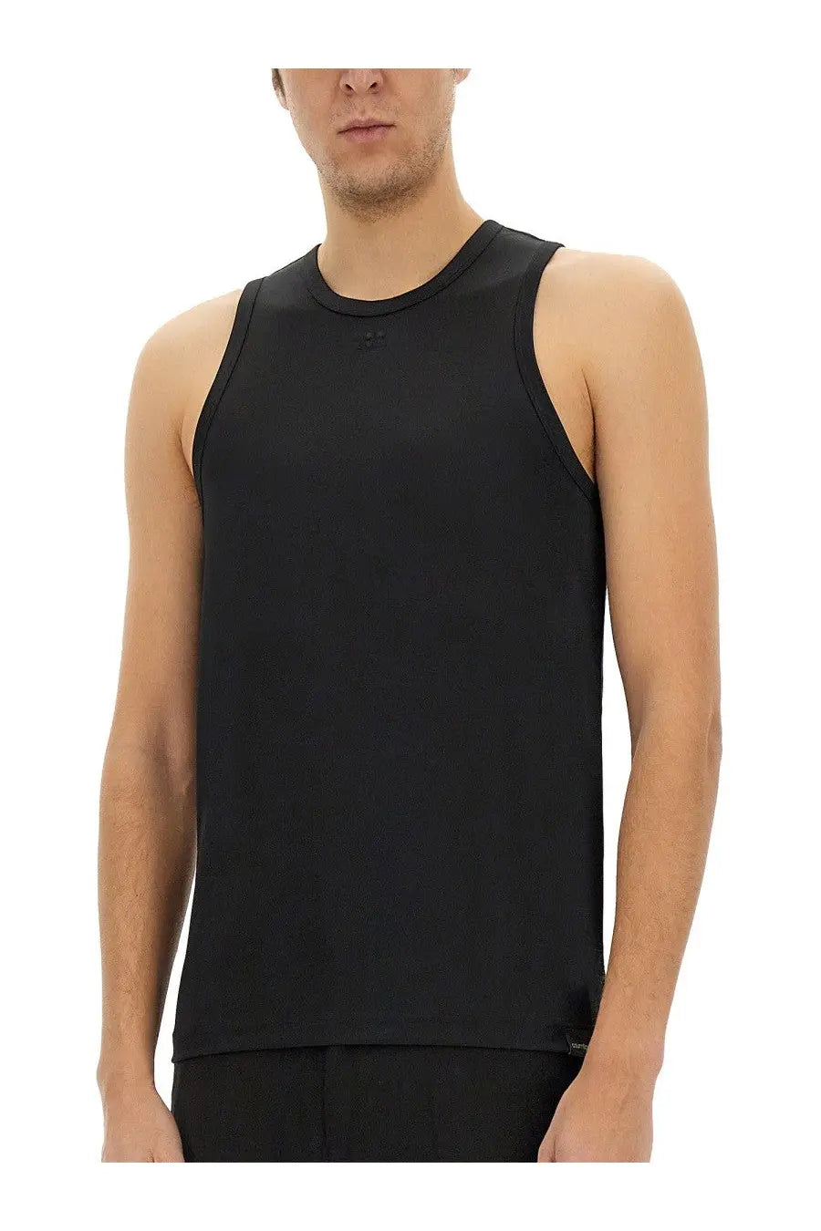 Black sleeveless courrèges men’s athletic tank top with ribbed neckline and subtle chest branding for activewear