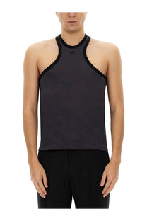 Courrèges men’s top scuba black black racerback tank top with subtle textured fabric and small chest logo