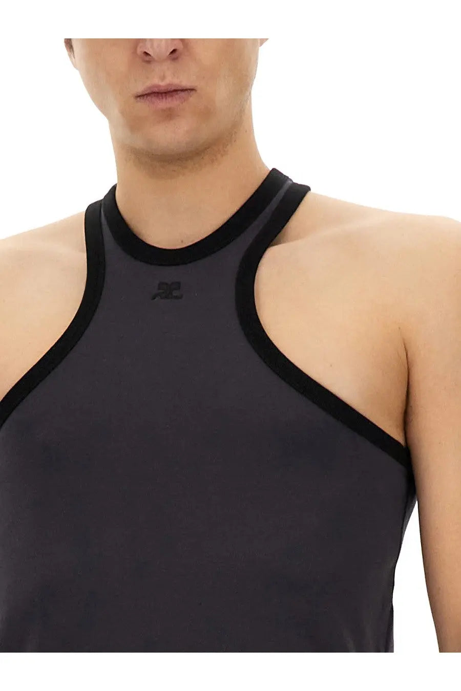 Courrèges men’s scuba black black racerback tank top with contrasting trim and small chest logo