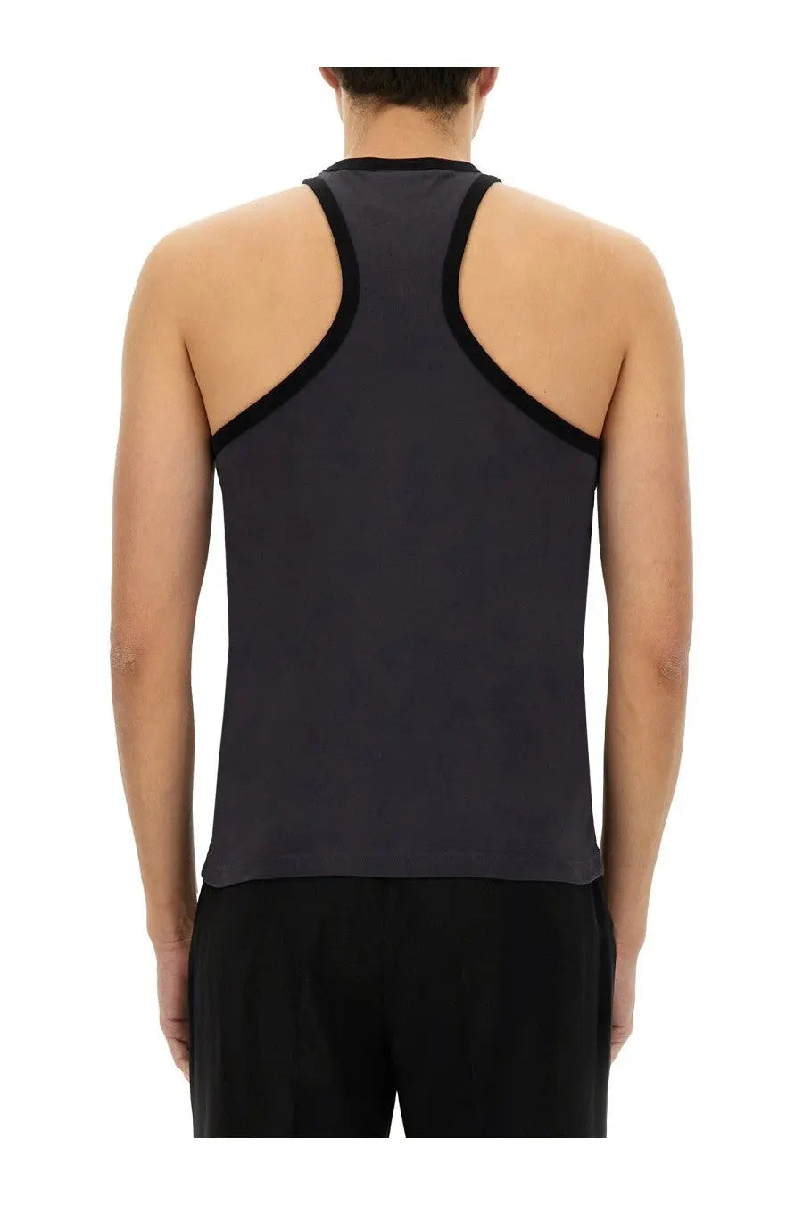 Black courrèges men’s scuba tank top with racerback design and contrasting black trim on straps and neckline