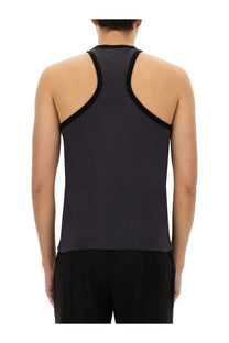 Black courrèges men’s scuba tank top with racerback design and contrasting black trim on straps and neckline