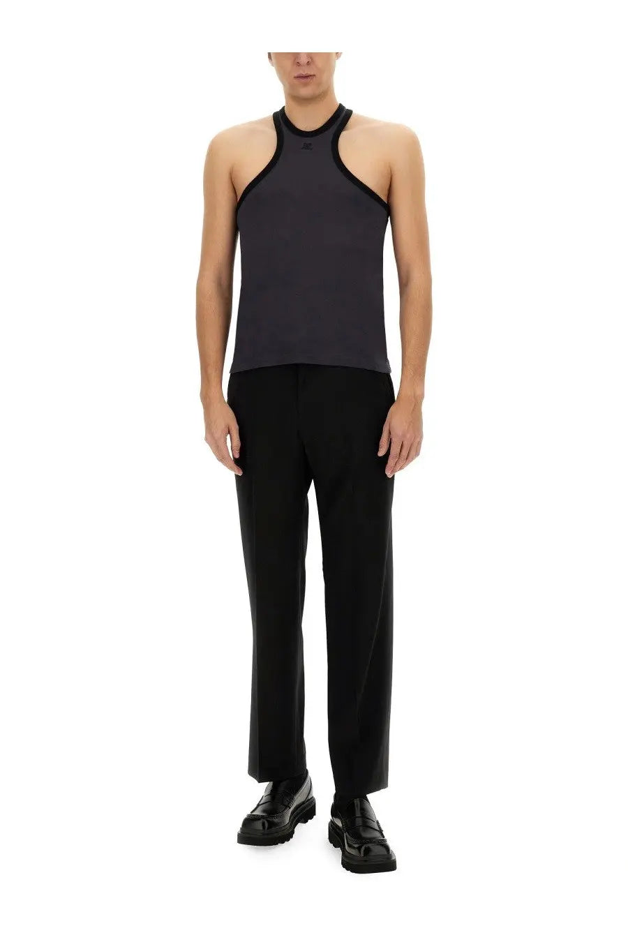 Courrèges men’s scuba top in sleek dark gray with black trim and minimalist halter neck design