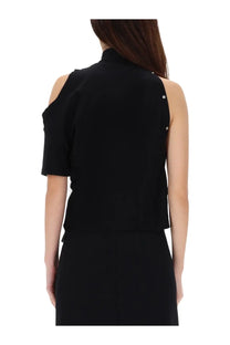 Courrèges women’s black off-the-shoulder asymmetrical shirt with short sleeves and silver button shoulder detail