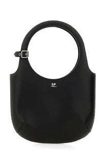Courrèges women’s black leather handbag with circular top handle and silver-tone hardware for stylish carry