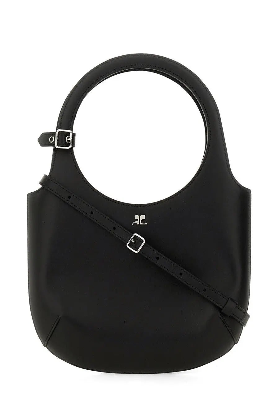 Courrèges women’s bag holy black black leather handbag with circular top handle adjustable strap and silver hardware