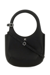 Courrèges women’s bag holy black black leather handbag with circular top handle adjustable strap and silver hardware