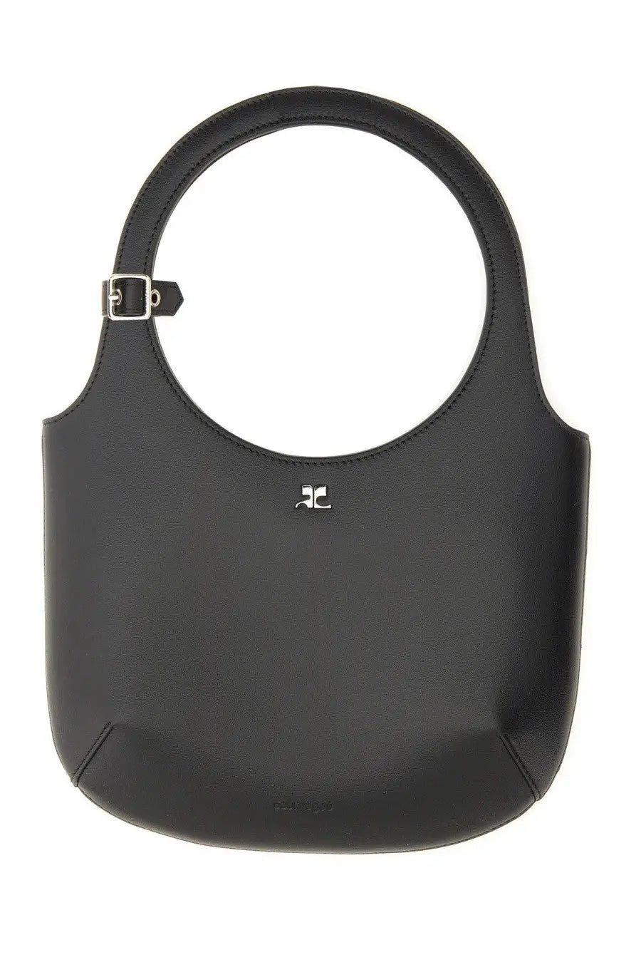 Courrèges women’s black leather handbag with circular top handle and silver-tone hardware holy bag holy black