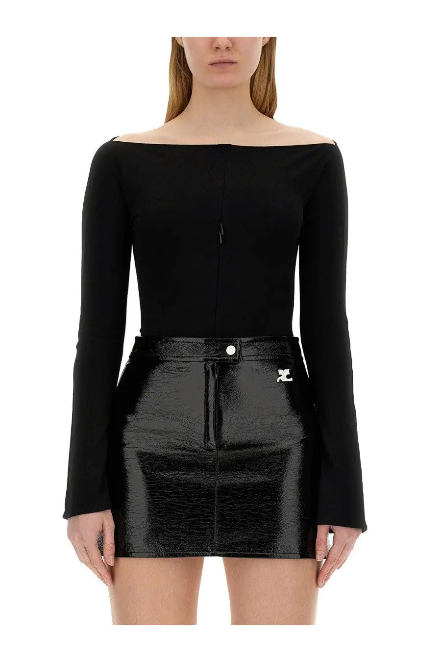 Black glossy faux leather mini skirt by courrèges with front zipper and silver logo detail at waistband