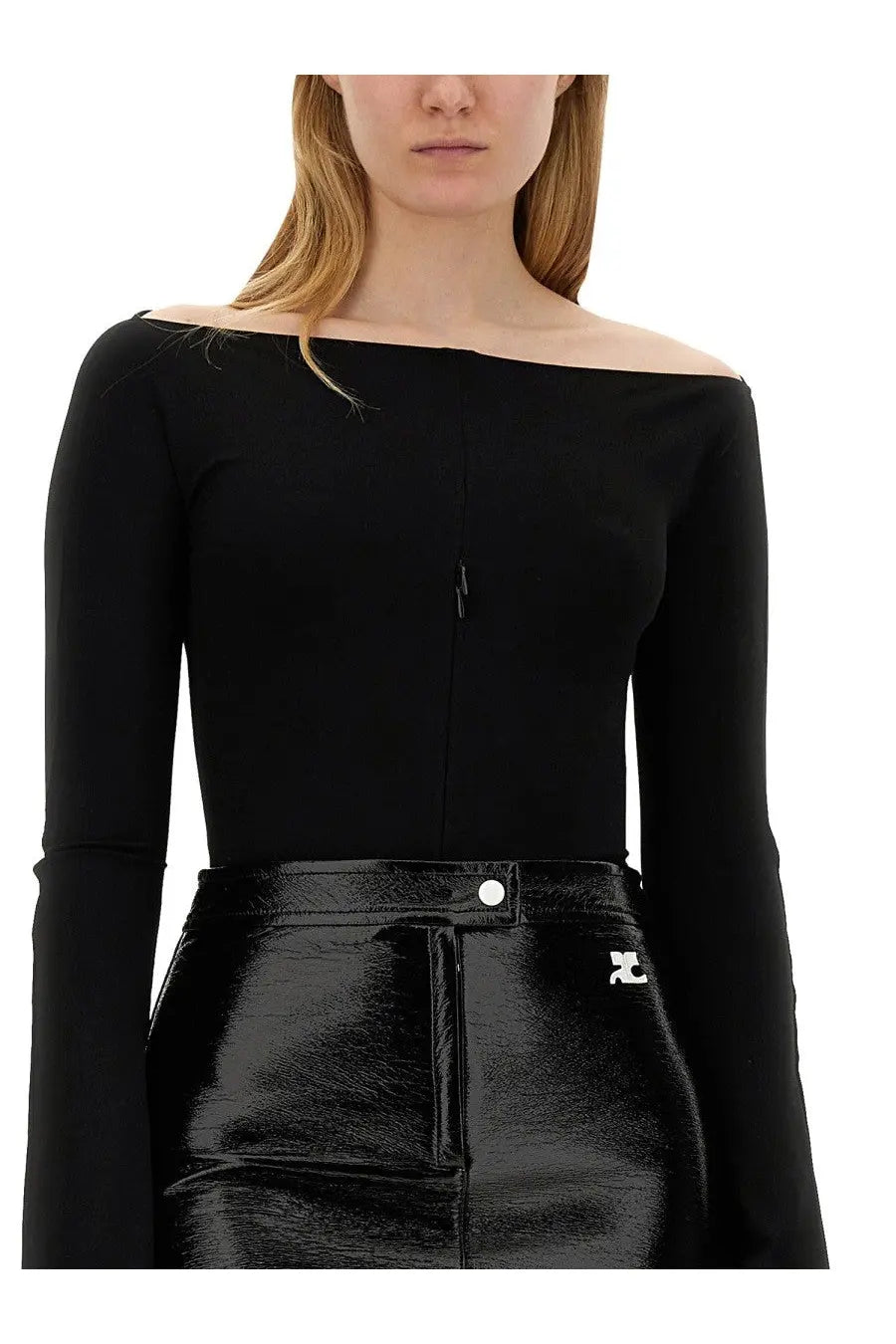 Black off-the-shoulder long-sleeve jersey top with central zipper detail from courrèges womens body in jersey black
