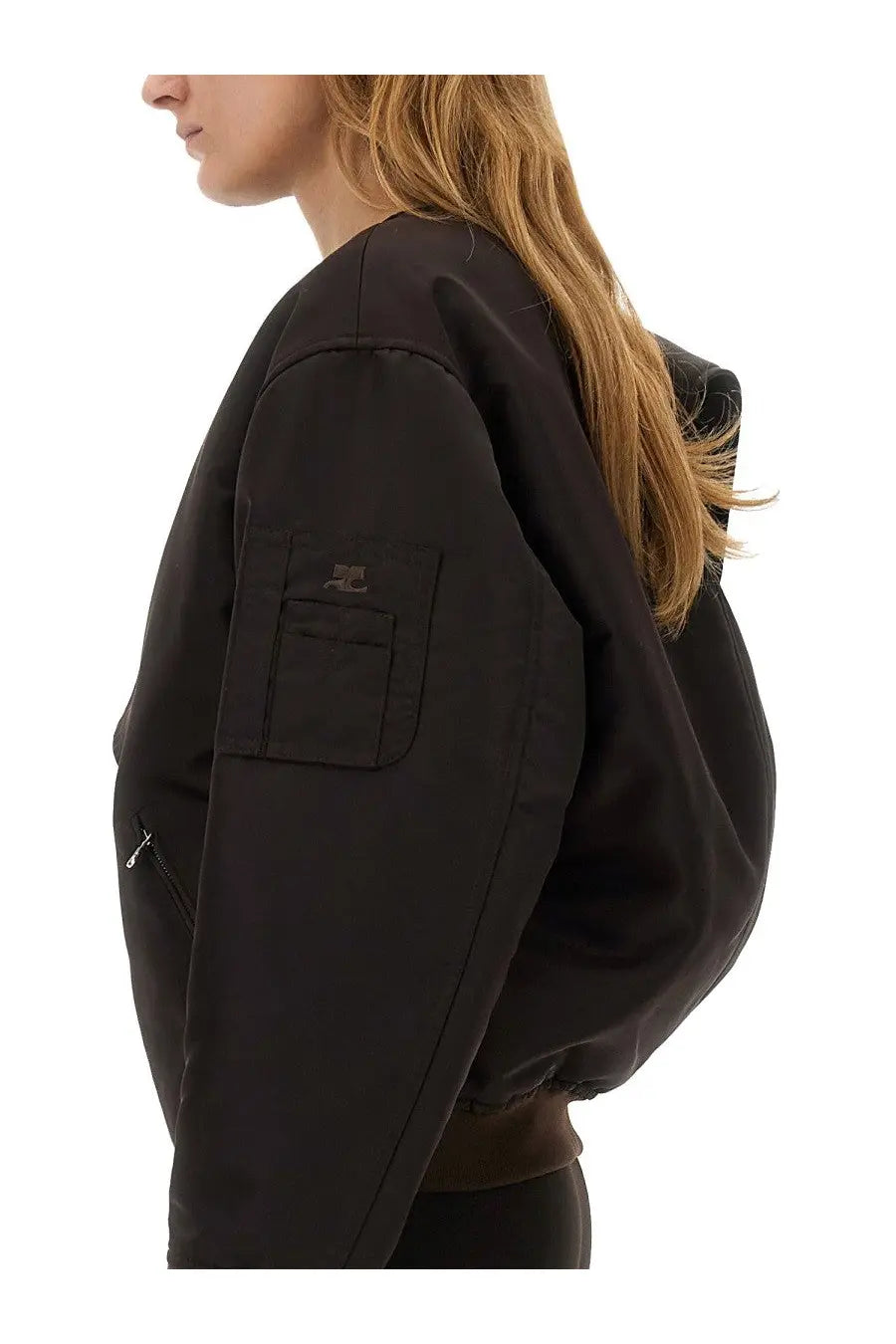 Courrèges women’s brown bow neck bomber jacket with hood and patch pocket on left sleeve featuring subtle stitching