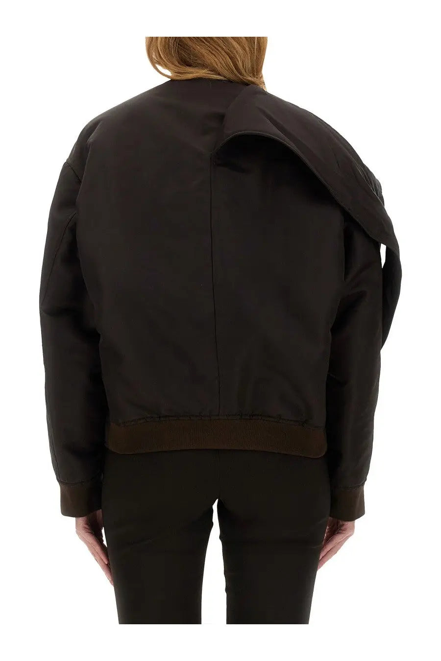 Courrèges women’s bow neck bomber jacket brown featuring black material with brown trim and asymmetrical hood design