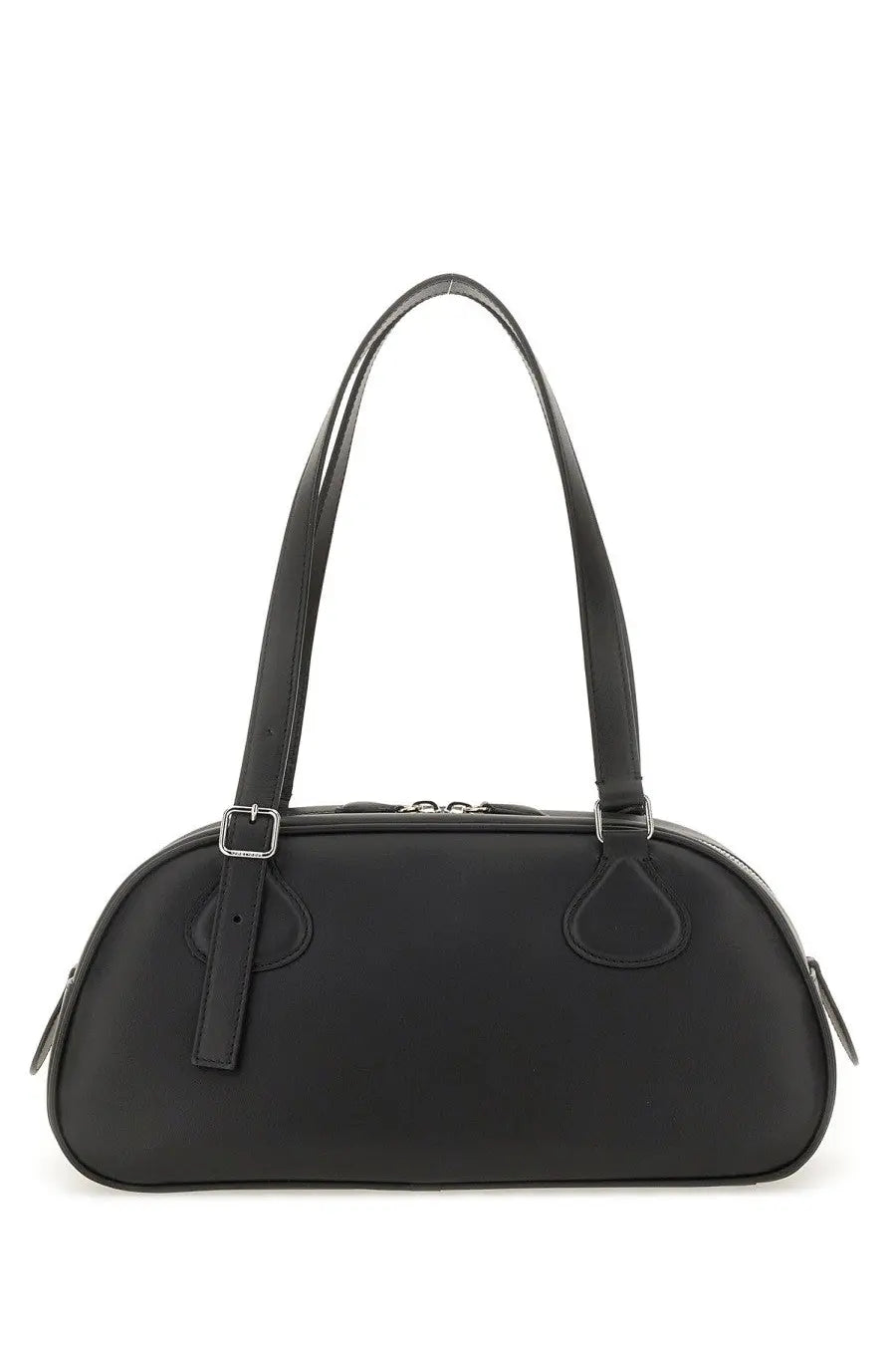 Courrèges women’s bowling bag Friday medium black black leather with sleek rounded silhouette and matching shoulder straps
