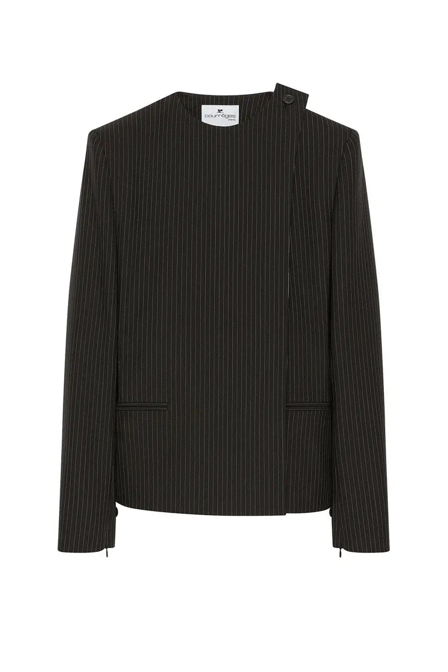 Courrèges women’s black pinstripe blazer with structured fit and subtle shoulder detail for a polished look