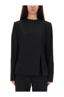 Courrèges women’s black pinstripe blazer with structured tailored fit and subtle vertical stripes in wool blend