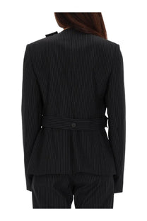 Courrèges women’s black pinstripe tailored blazer with belted waist and notched collar in classic fabric