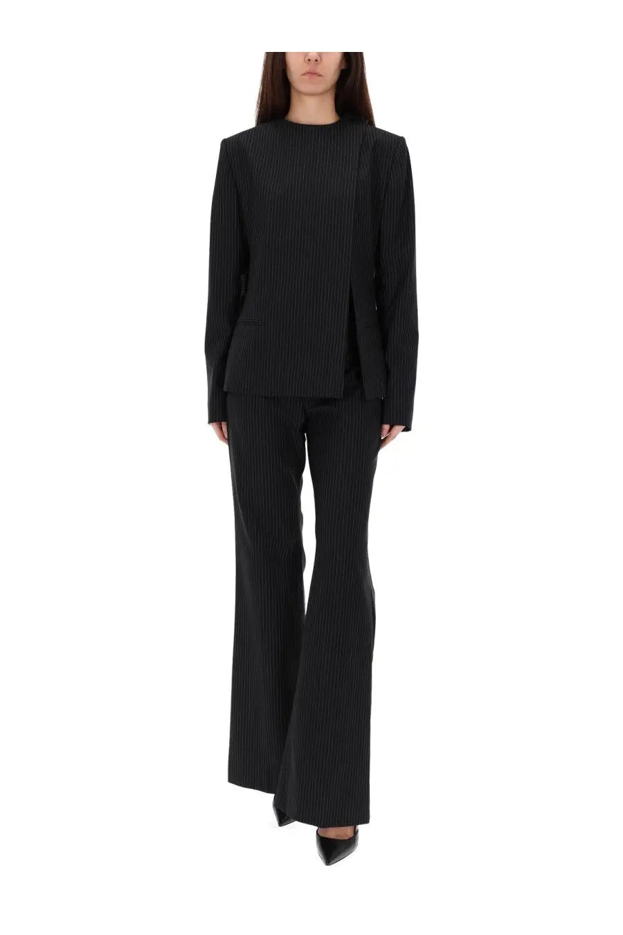 Courrèges women’s black buckle pinstripes jacket with tailored structured blazer and flared trousers in pinstripe fabric