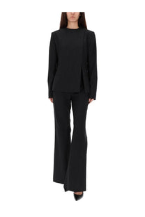 Courrèges women’s black buckle pinstripes jacket with tailored structured blazer and flared trousers in pinstripe fabric