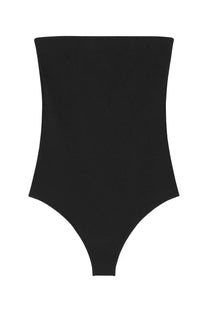 Courrèges women’s black bustier lingerie top in smooth, form-fitting high-waisted one-piece swimsuit style